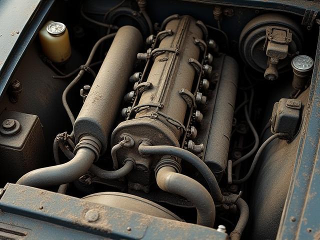 Dusty car engine bay before cleaning