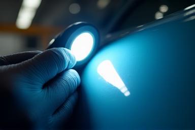 Technician assessing car paintwork under light